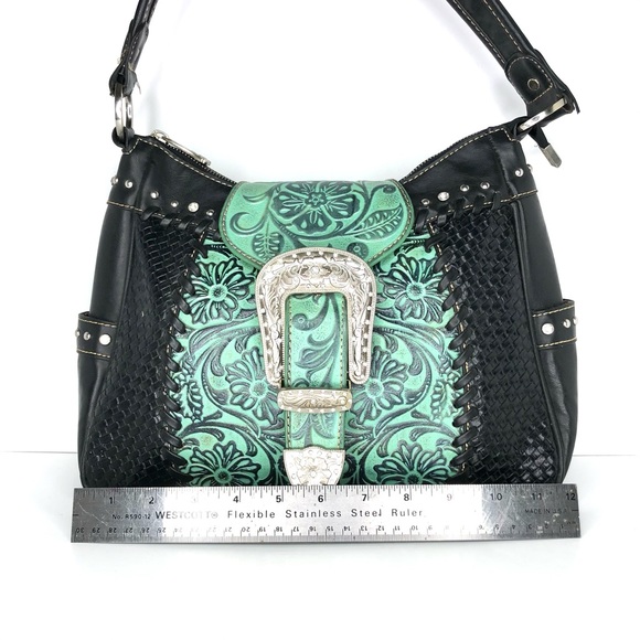 Trinity Ranch Montana West Turquoise Tooled Leather Shoulder Bag - Picture 6 of 16